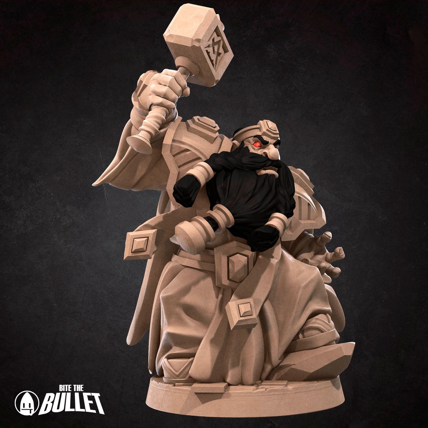Evil looking dwarf with long black beard holding a hammer menacingly