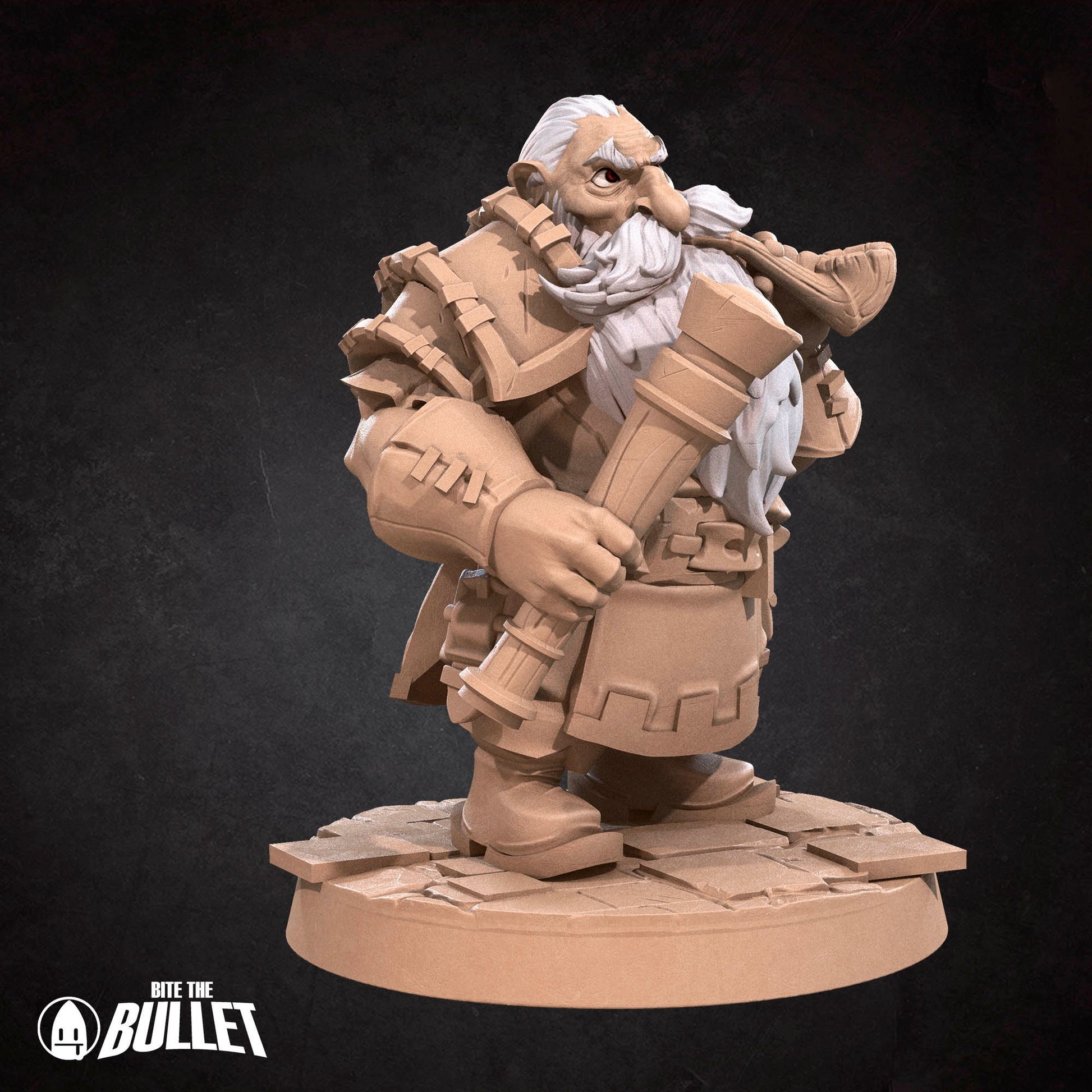 Dwarf watchman with long white beard with a wooden pipe and telescope