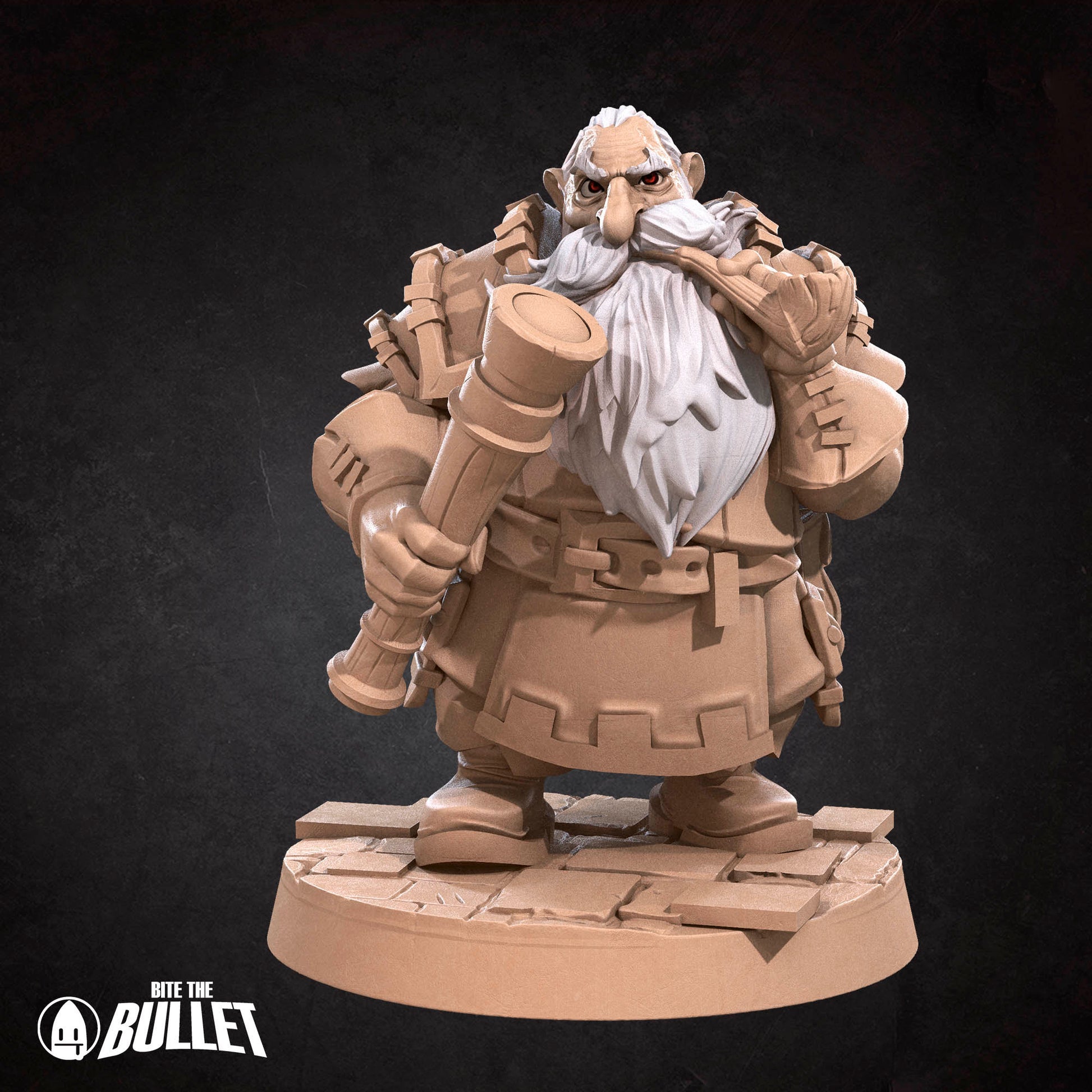 Dwarf watchman with long white beard with a wooden pipe and telescope