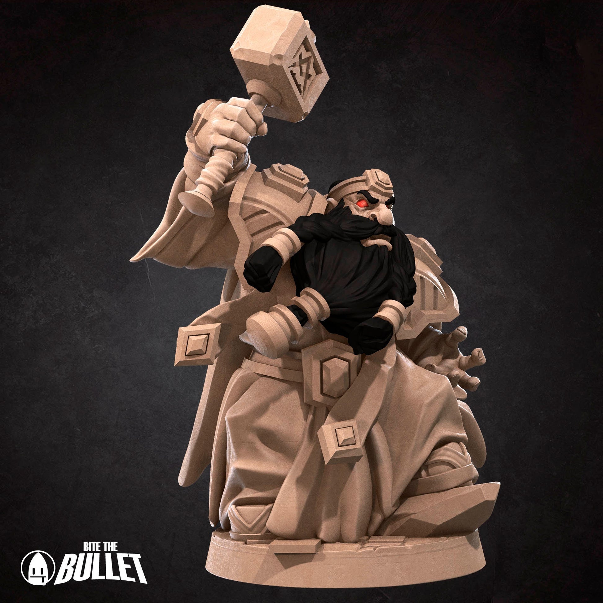 Evil looking dwarf with long black beard holding a hammer menacingly