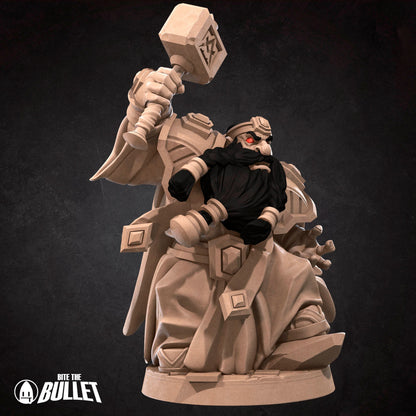 Evil looking dwarf with long black beard holding a hammer menacingly