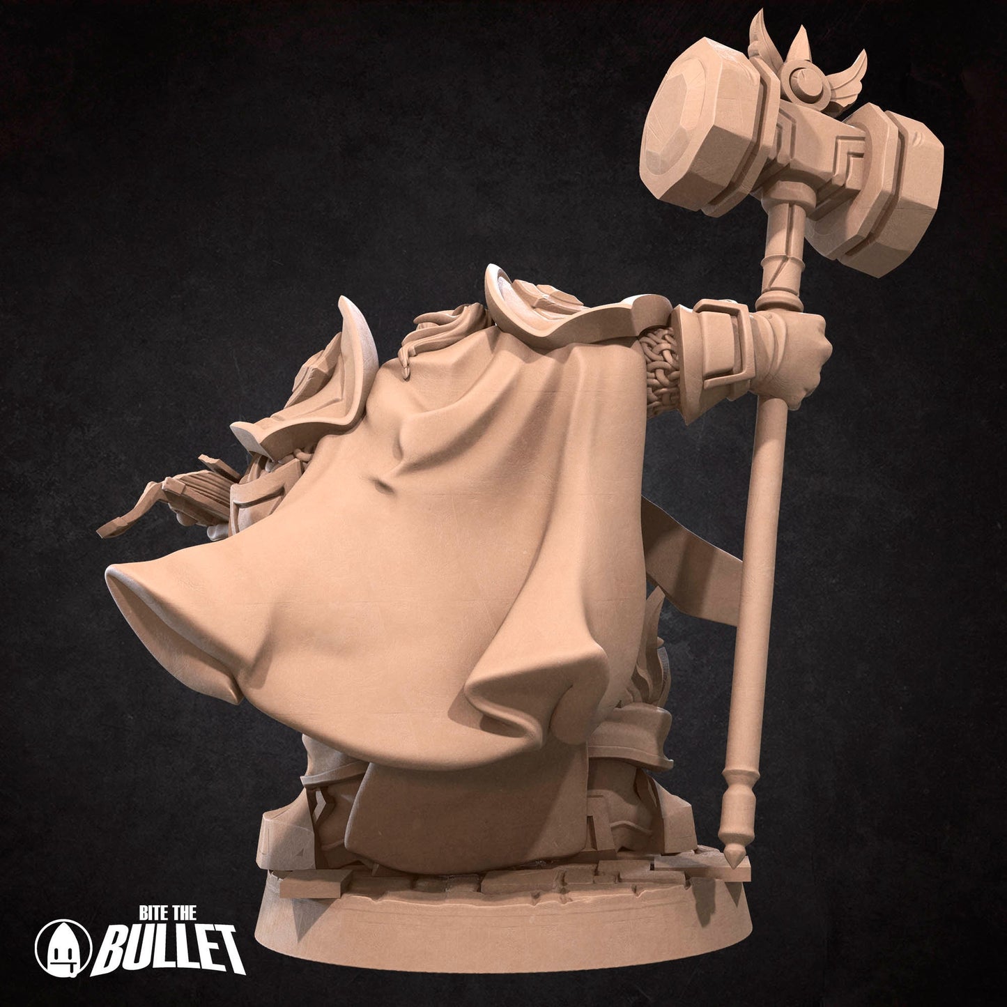 Armored dwarf priest holding a hammer staff and religious book
