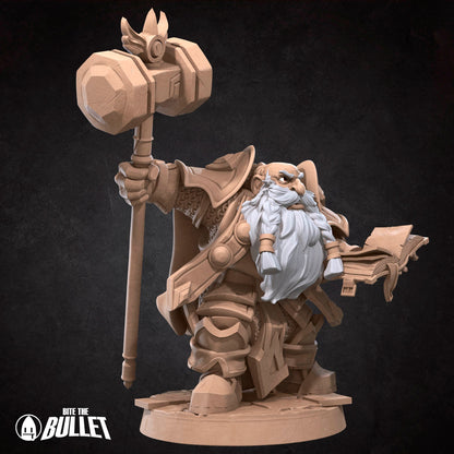 Armored dwarf priest holding a hammer staff and religious book