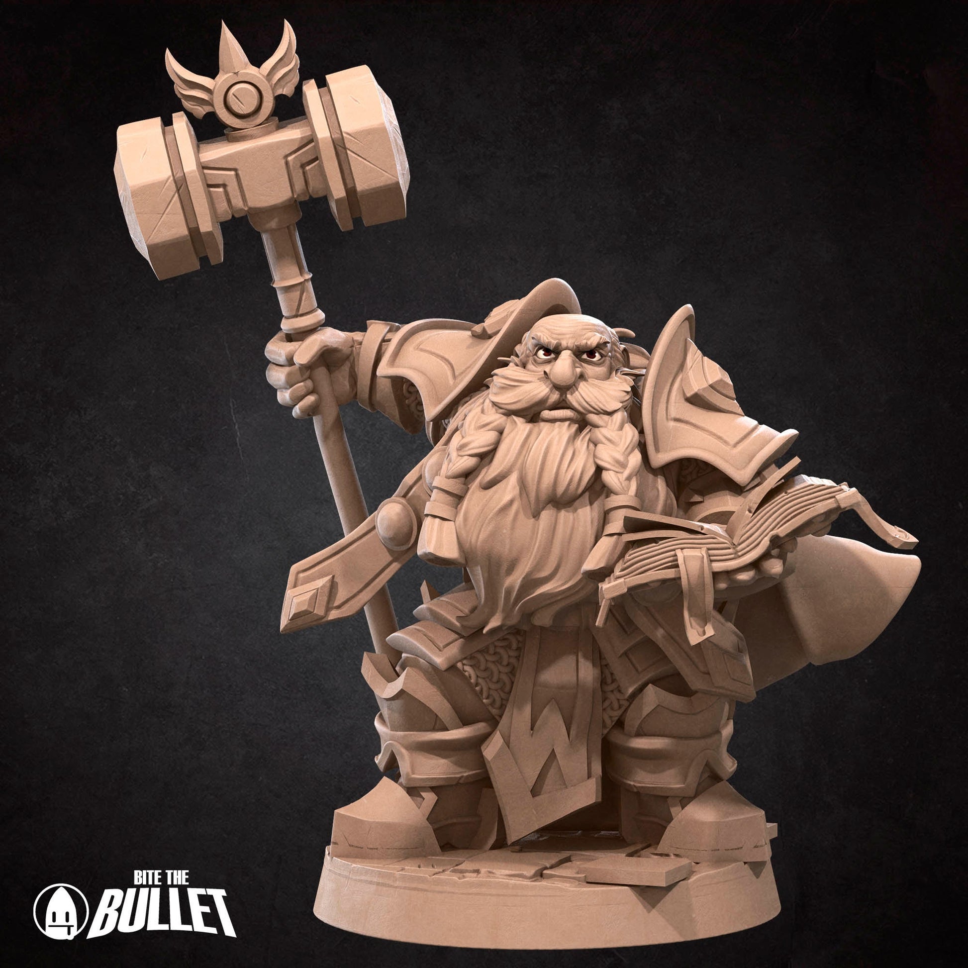 Armored dwarf priest holding a hammer staff and religious book
