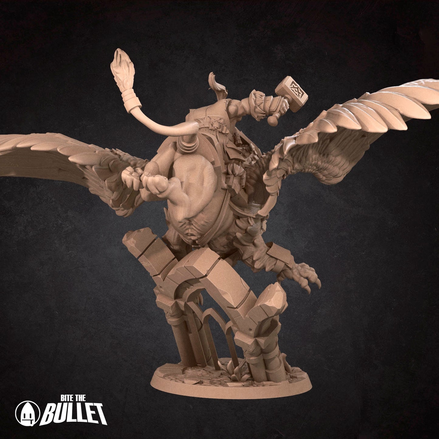 Highly detailed dwarf holding a hammer riding a gryphon