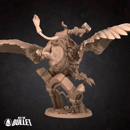 Highly detailed dwarf holding a hammer riding a gryphon