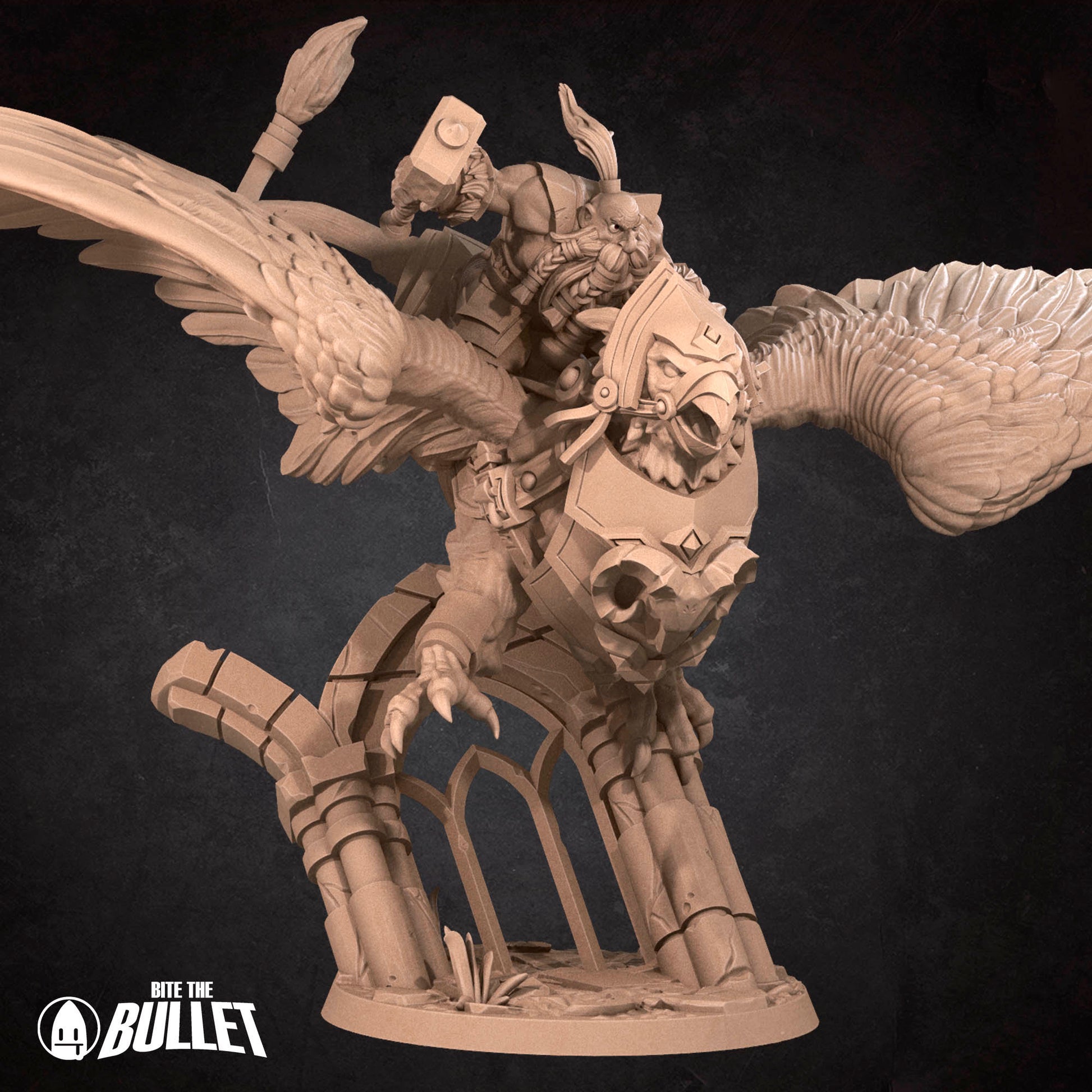 Highly detailed dwarf holding a hammer riding a gryphon