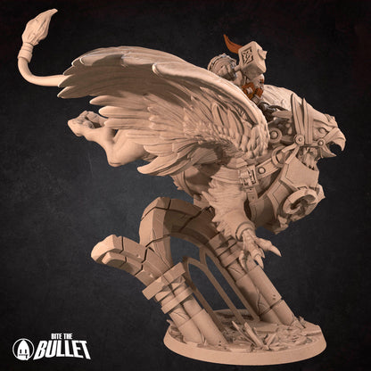 Highly detailed dwarf holding a hammer riding a gryphon