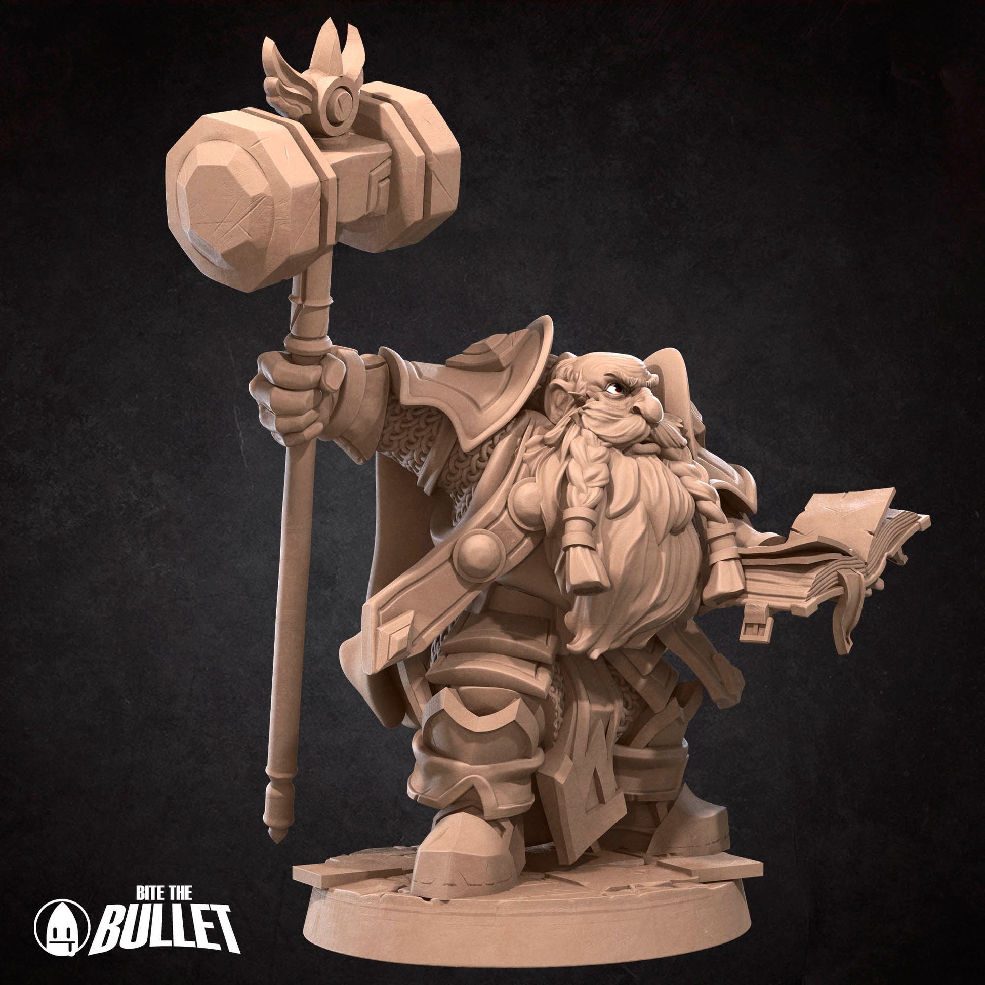 Armored dwarf priest holding a hammer staff and religious book