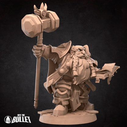Armored dwarf priest holding a hammer staff and religious book