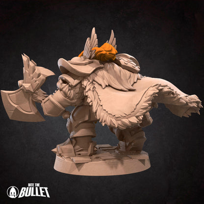 Armored dwarf general holding an axe and hammer