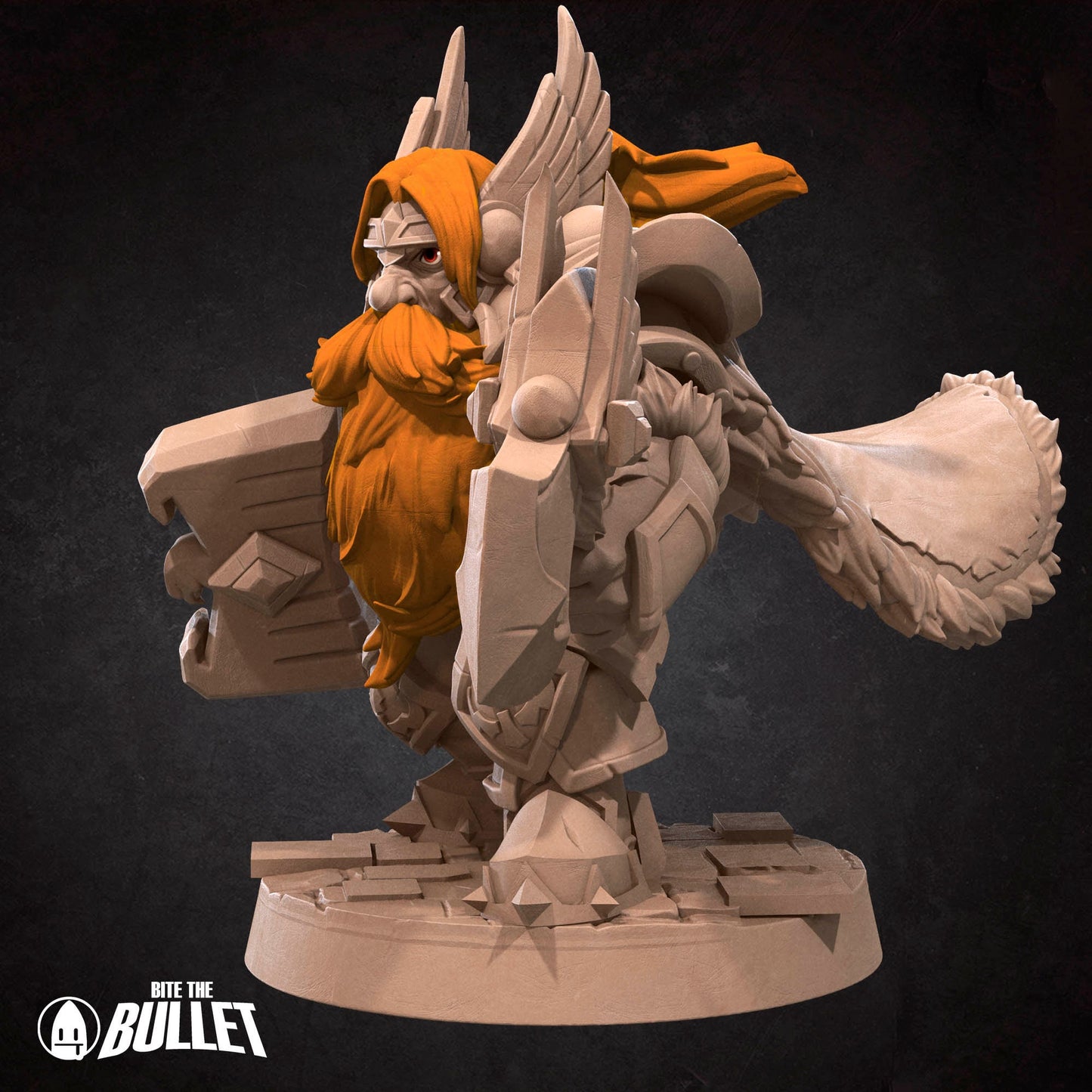 Armored dwarf general holding an axe and hammer