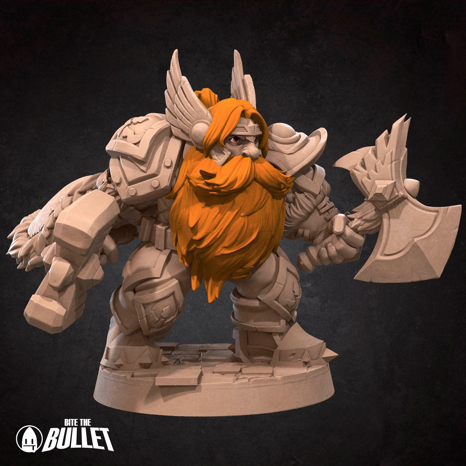 Armored dwarf general holding an axe and hammer