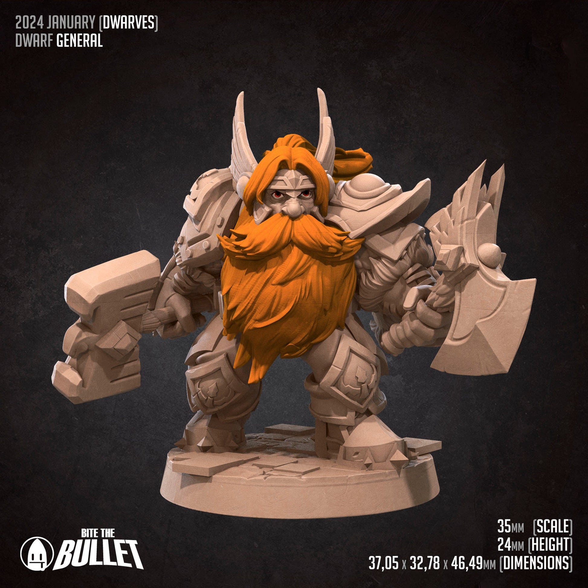 Armored dwarf general holding an axe and hammer