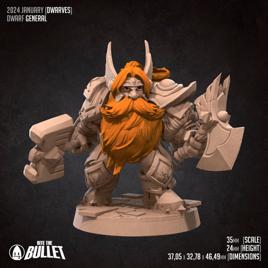 Armored dwarf general holding an axe and hammer
