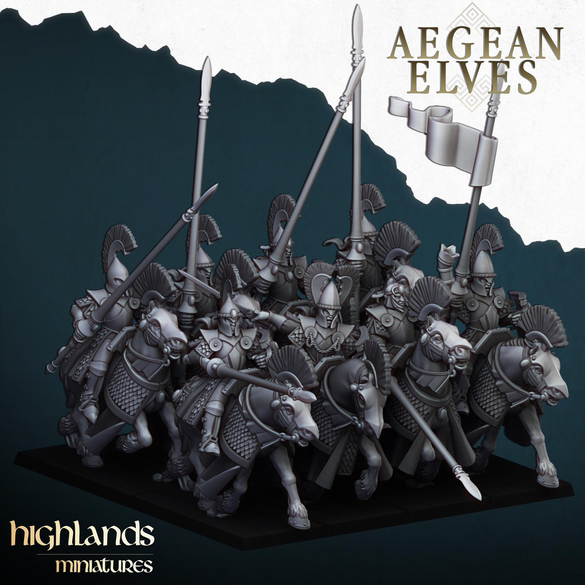 Aegean Elf Mounted Lances | Aegean Elves | Highland Miniatures | 32mm Scale Resin Tabletop RPG Figures for Roleplaying and Wargaming