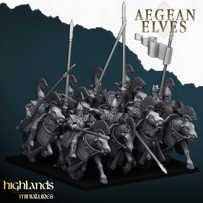 Aegean Elf Mounted Lances | Aegean Elves | Highland Miniatures | 32mm Scale Resin Tabletop RPG Figures for Roleplaying and Wargaming