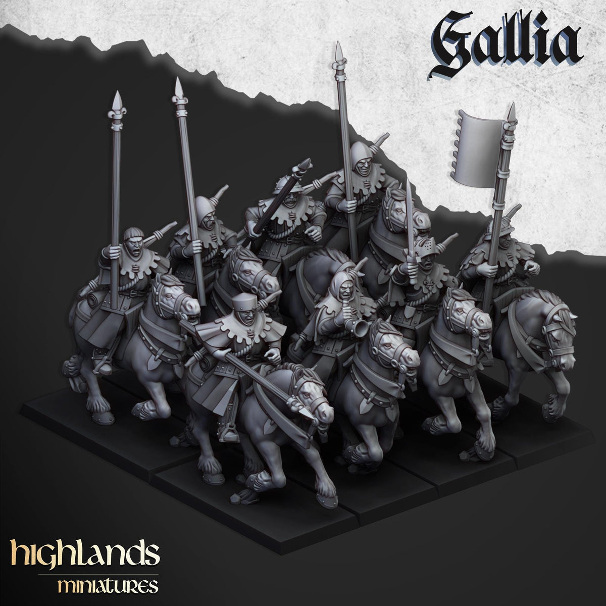 Gallia Mounted Men At Arms | Gallia | Highland Miniatures | 32mm Scale Resin Tabletop RPG Figures for Roleplaying and Wargaming