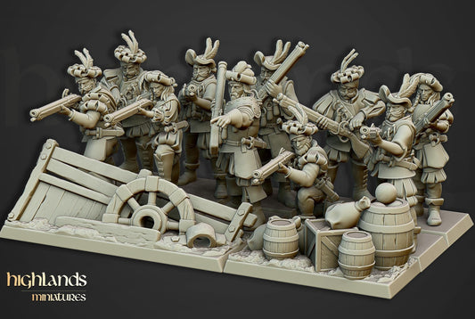 The Arquebusiers Unit | Sunland | Highland Miniatures | 32mm Scale Resin Tabletop RPG Figures for Roleplaying and Wargaming
