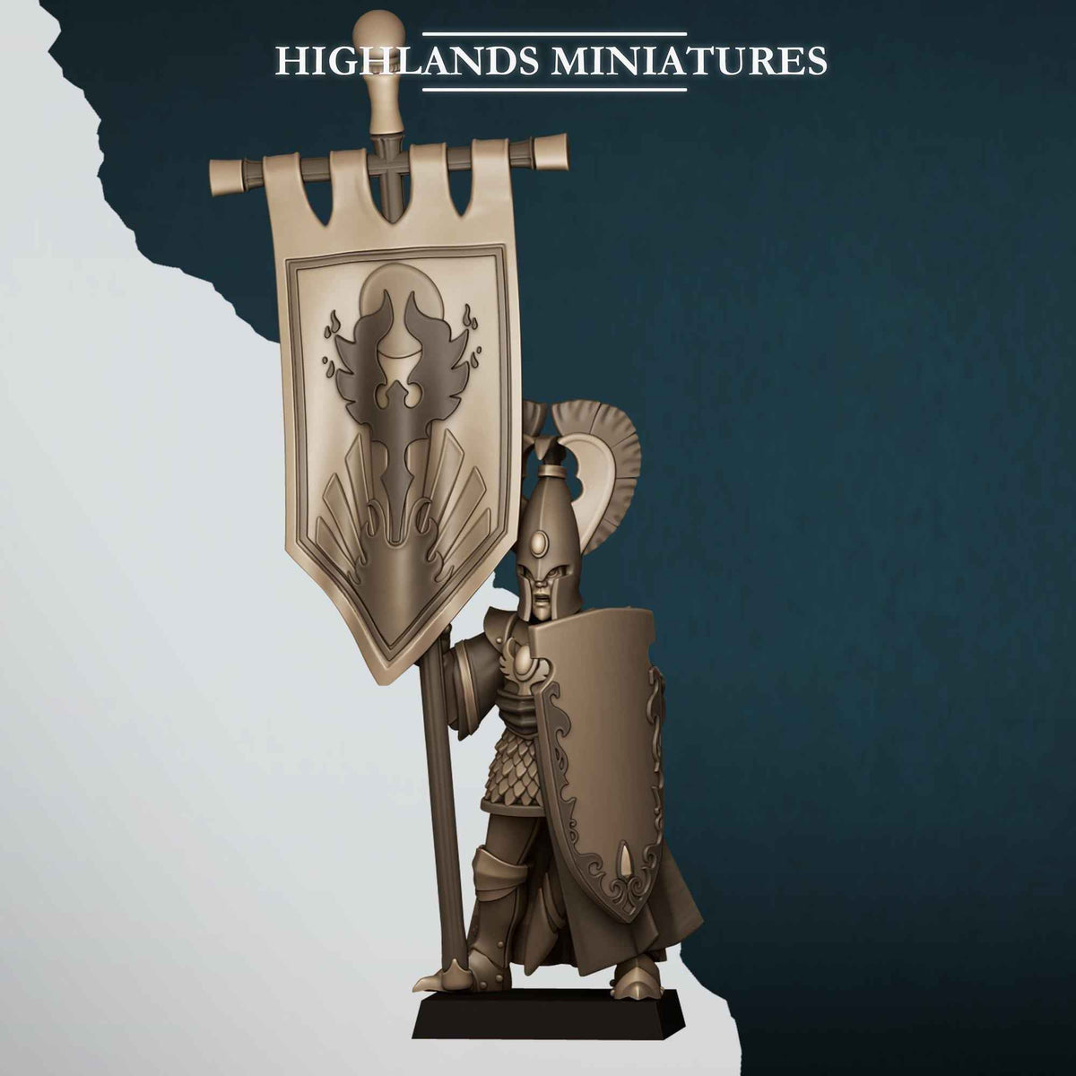 Aegean Elf with Banner | Aegean Elves | Highlands Miniatures | 32mm Scale Resin Tabletop RPG Figures for Roleplaying and Wargaming