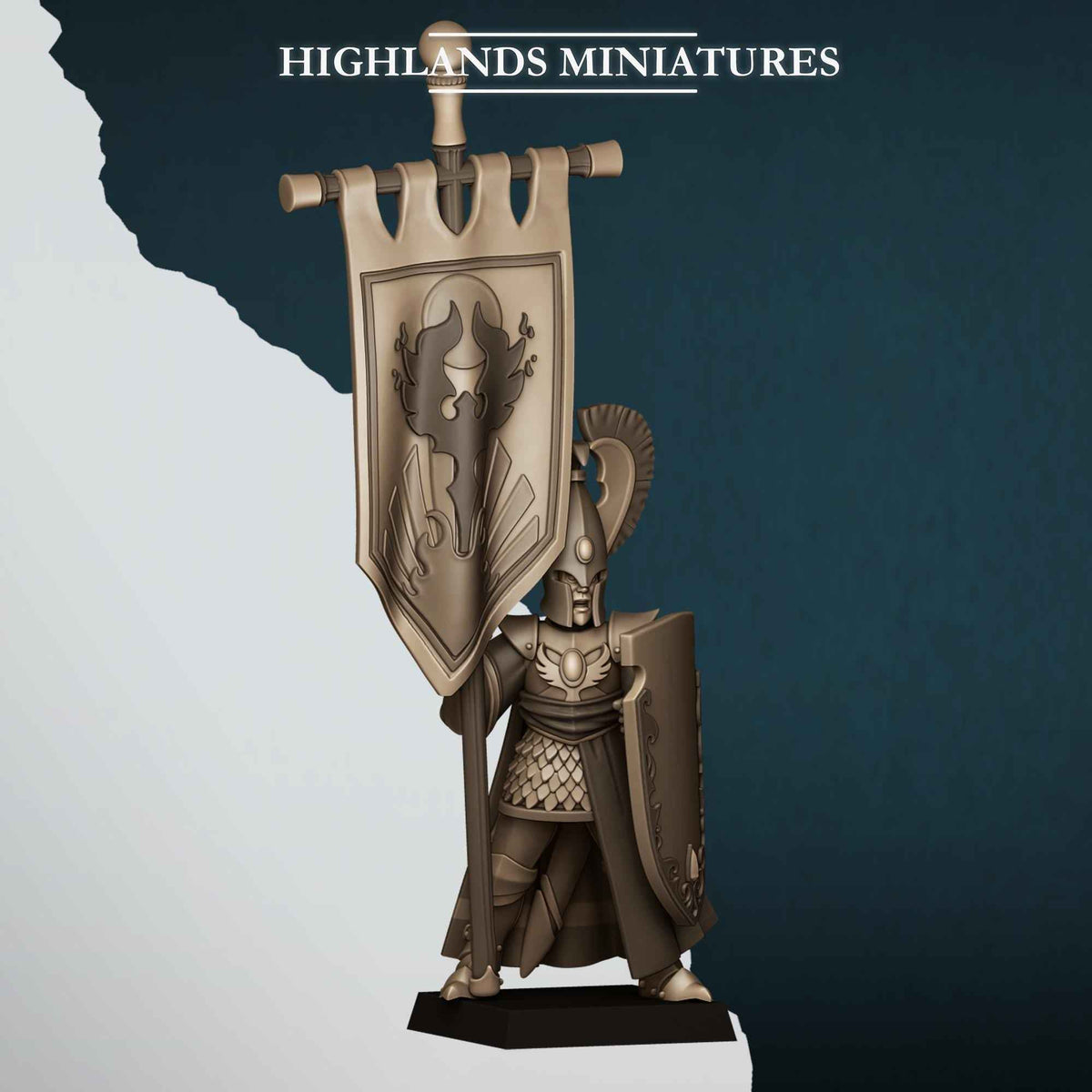 Aegean Elf with Banner | Aegean Elves | Highlands Miniatures | 32mm Scale Resin Tabletop RPG Figures for Roleplaying and Wargaming